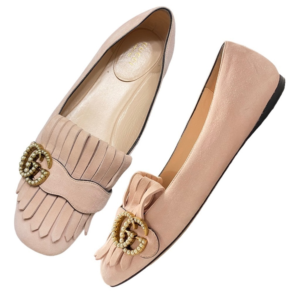 Gucci Pink Pearl Double G Fringe Loafers